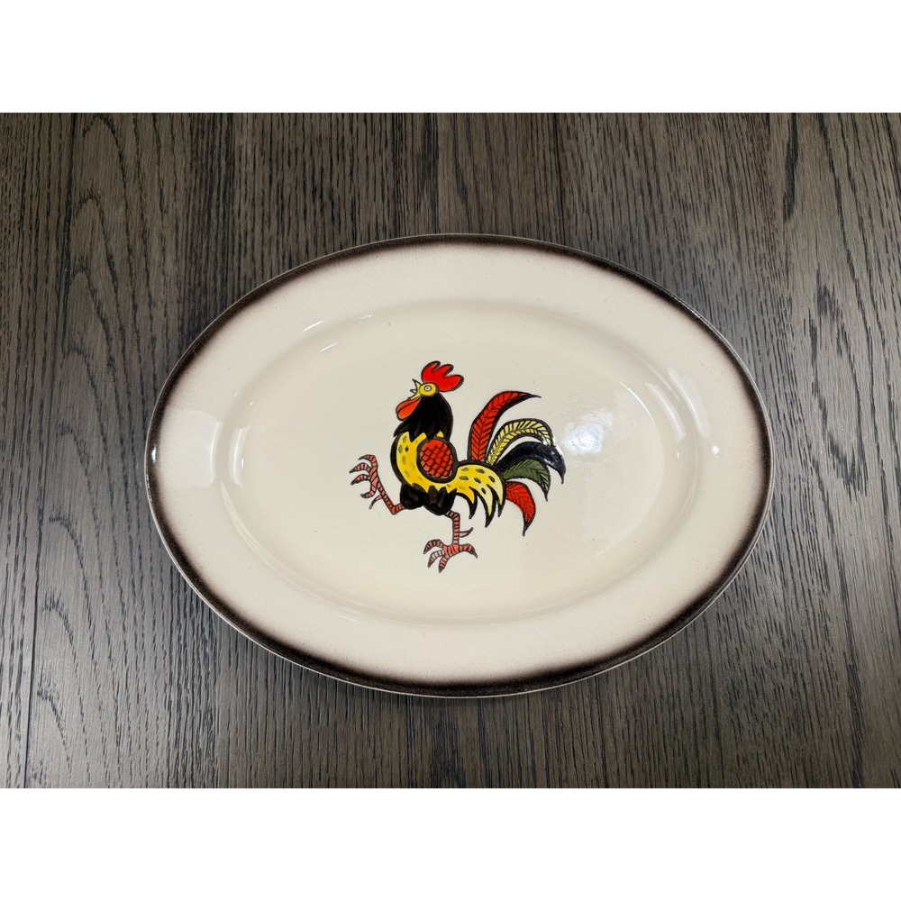 Metlox Poppytrail Red Rooster Oval Serving Platter Vintage Hand Painted 12.5 in